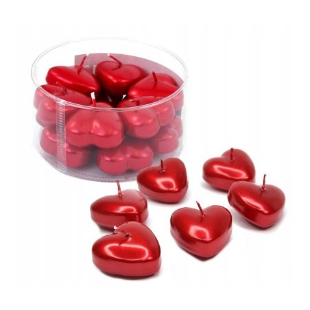 Świece pływające czerwone metalizowane serduszka 12 szt.