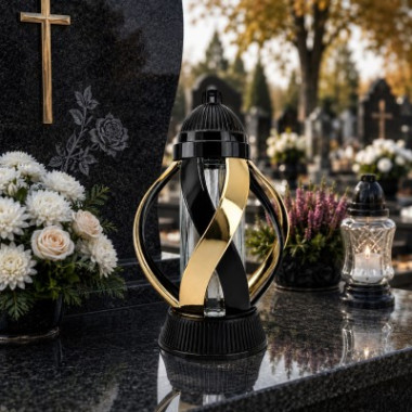 Znicz kapliczka Wstęga czarna złota metalizowana szklana komora na wkład  28,5 cm
